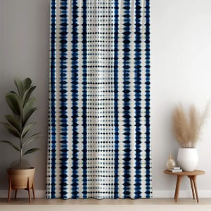Navy Shibori Stripe Curtain – Boho Ikat Window Panel, Blue White Ethnic Print Drapes, Modern Tribal Pattern Curtains, Custom Size