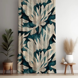 Large Floral Watercolor Curtain, Elegant Beige and Teal Tones Flower Drapes, Botanical Pattern Panel, Modern Nature Inspired Window Decor