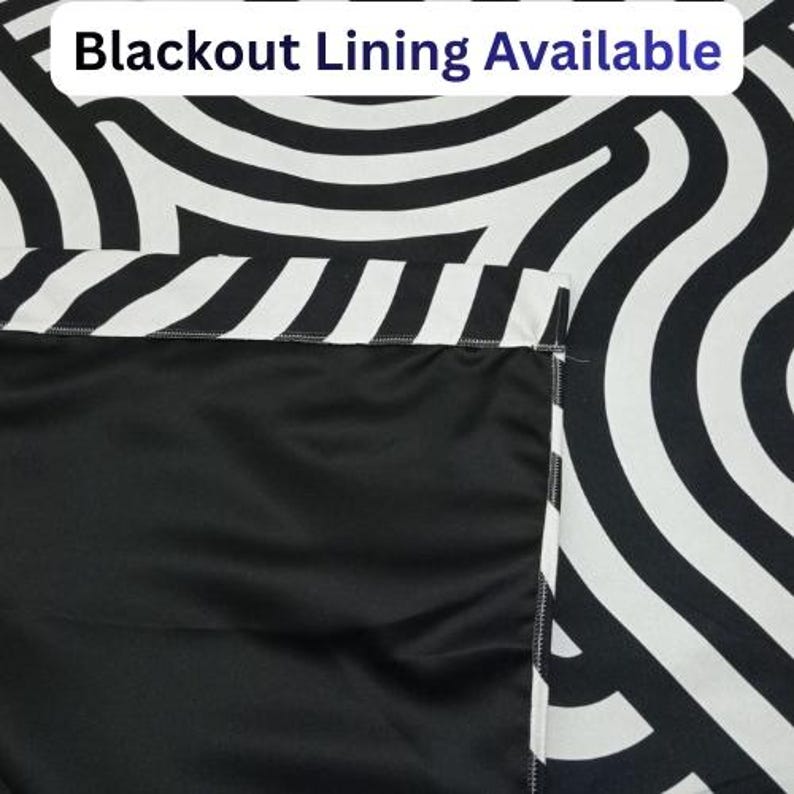 a black and white patterned fabric with a text overlay that reads "Blackout Lining Available".