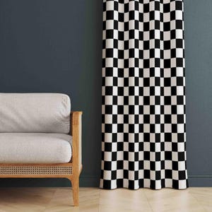 Checkered Black White Curtains – Geometric Window Drapes, Modern Minimalist Curtain Panel, Custom Size, Valance, Fabric by the Yard