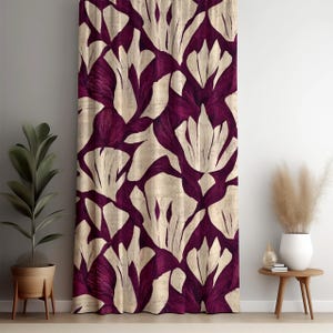 Purple Iris Floral Curtain, Bold Botanical Drapes, Custom Window Panel, Beige and Plum Flower Curtain, Nature Inspired Decor, Blackout Opt