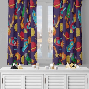 Nursery Curtains, Space Decor Drapes, UFO Decor Window Treatments, Rocket Themed Curtains, Kids Room Decor, Blackout Option, Custom Size