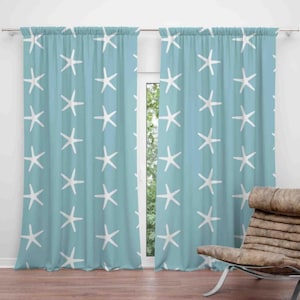 Starfish Curtain, Nautical Themed Window Coverings For Coastal Decor, Starfish Design Blue Curtain Panel, Decorative Maritime Curtains