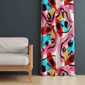Colorful Abstract Face Pattern Home Curtains, Abstract Style Curtains, Abstract Patterned Home Curtains, Decorative Curtains for Living Room