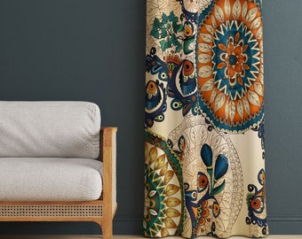 Window Curtains, Folk Art Drapes, Ethnic Pattern Curtains, Retro Home Curtains, Blackout Option, Custom Size, Living Room Window Treatments
