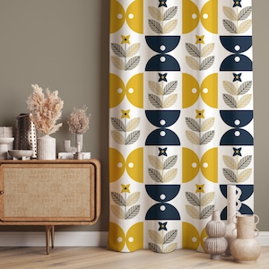 Scandi Mid Century Modern Curtain, Navy Blue & Mustard Geometric Flower Panel, Retro Window Treatment, Custom Size Fabric, Blackout Option