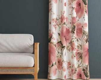 Pink Flower Design Window Curtains, Flower Patterned Living Room Curtain, Floral Pattered Vintage Colorful Drapes, Blackout Option Curtains