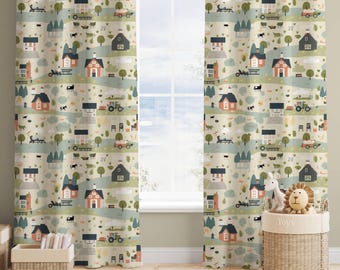 Farm Design Kids Room Curtains, Playful Nursery Drapes, Blackout Option, Custom Size