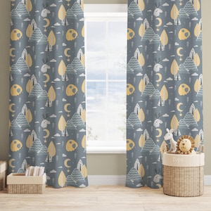 Kids Room Curtains, Woodland Drapes, Night Theme Window Curtains, Nursery Curtain Panels, Blackout Option, Custom Size Window Treatments