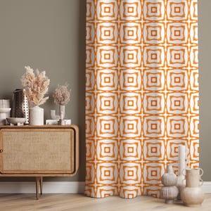 Orange Geometric Curtains – Retro Square Pattern Drapes, Custom Size Mid-Century Window Panel, Mod 60s 70s Curtain, Blackout Option, Doorway