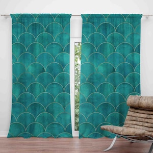 Oceanic Turquoise Fish Scale Design Window Curtain, Coastal Living Window Treatment, Charming Curtain Panel with a Coastal Flair,