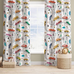 Road Trip-gordijnen kinderkamer - Gordijnen met patroon voor auto's en vrachtwagens, aangepast formaat, verduisteringsoptie, jongenskamer speelkamer raambekleding