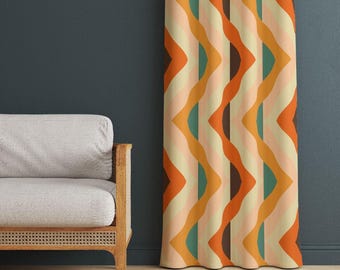 May include: A curtain panel featuring a repeating vertical pattern of wavy, chevron-like stripes in shades of burnt orange, mustard yellow, teal, dark brown, and cream. The fabric hangs in soft, vertical folds, displaying a continuous geometric design.