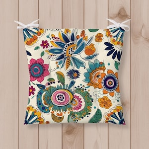 Boho Floral Chair Cushion with Ties, Outdoor Indoor Colorful Folk Art Seat Pad, Orange Blue Pink Flower Pattern Kitchen Garden Chair Pad