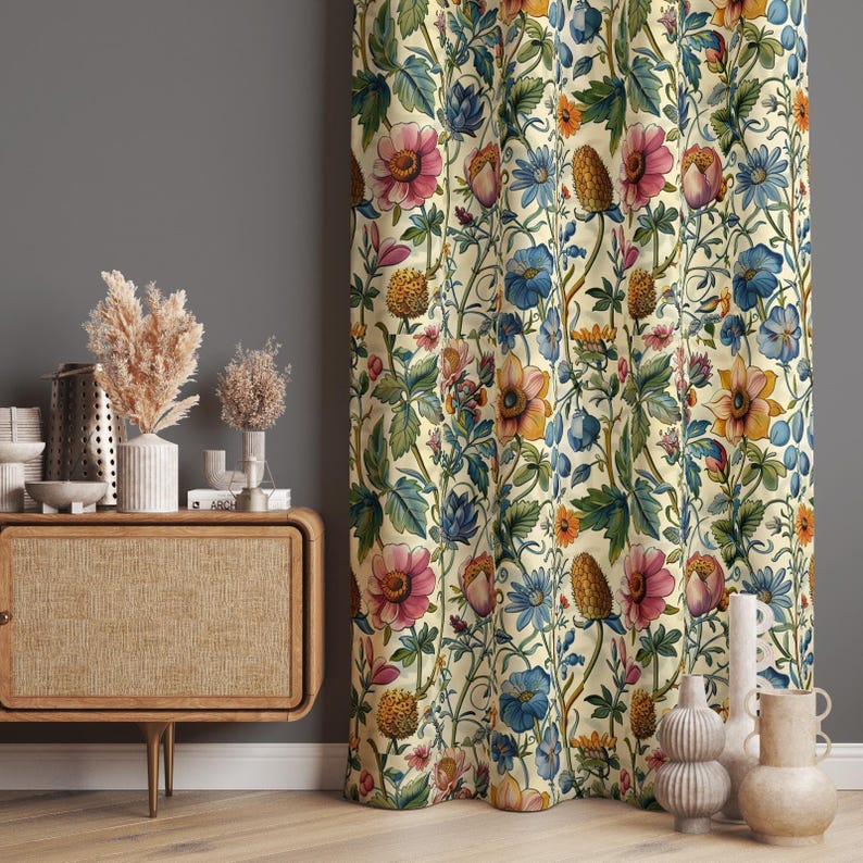 a room with a table, vases and a curtain