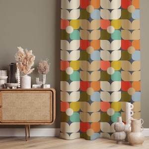 Modern Retro Geometric Curtains – Color Block Petal Pattern Drapes, Bold Mid-Century Panel, Custom Size, Blackout Option, Doorway Curtain