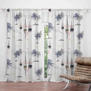 Sailboat and Palm Tree Island Printed Window Curtain, Beach House Style Palm Tree Drapery, Tropical Vibes Window Treatments, Curtain Panel