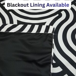 a black and white patterned fabric with a text overlay that reads "Blackout Lining Available".