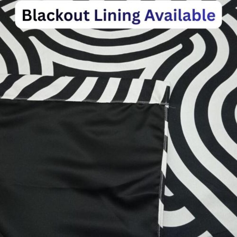 a black and white patterned fabric with a text overlay that reads "Blackout Lining Available".
