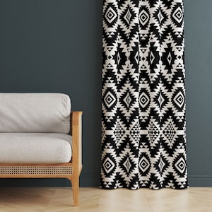 Window Curtains, Aztec Motif Curtains, Black White Window Treatments, Ethnic Curtain Panels, Blackout Option, Custom Size, Decorative Drapes