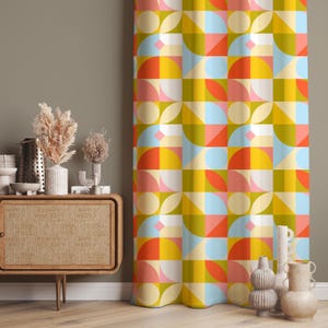 Colorful Geometric Curtains – Mid Century Modern Retro Drapes with Yellow Pink Blue Shapes, Custom Size & Blackout Option Available