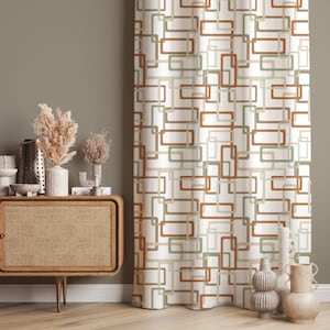 Retro Rectangle Curtains, Mid-Century Modern Geometric Drapes, Custom Blackout Option Window Panel, Vintage Earth Tones Pattern Curtain