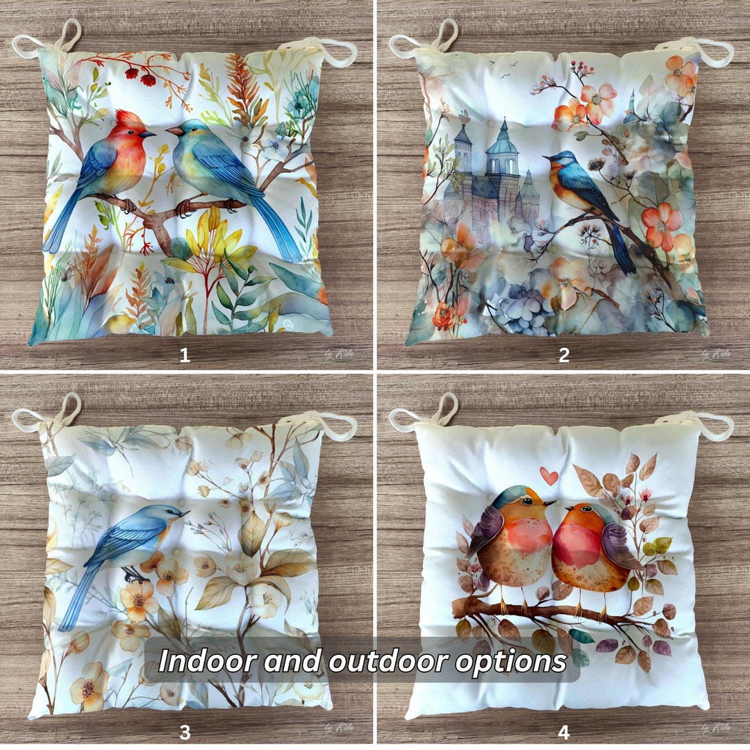 Birds Seat Pads, Spring Chair Cushion, Colorful Chair Pads With Ties ...