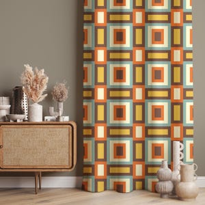 Retro Geometric Square Curtain, Color Block Mid-Century Pattern Drapes, Custom Size, Blackout Option Window Panel, 60s 70s Style Home Decor