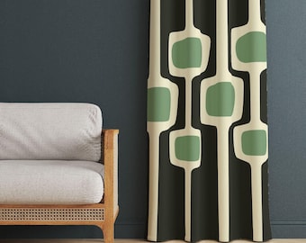 Zwartgroene gordijnen, retro gordijnen, mid-century interieur, raamdecoratie voor de woonkamer, verduisterende optie, op maat gemaakt