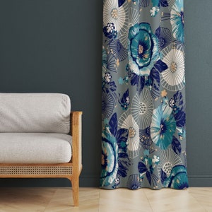 Window Drapes, Blue Flower Curtains, Blue Grey Curtain Panels, Floral Window Treatments, Vintage Decor Curtain, Blackout Option, Custom Size