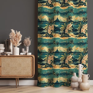Window Curtains, Palm Tree Themed Drape, Coastal Palm Pattern Curtain Panel, Blackout Option, Eyelet Grommet Rod Pocket Option, Summer Decor