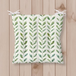 Patio Chair Cushion with Ties, Outdoor Indoor Tufted Seat Pad, Green Leaf Garden Bench Cushion, Puffy Soft Chair Pad, Botanical Seat Cushion