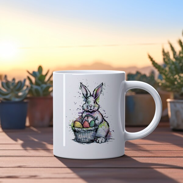 Easter Bunny Watercolor Mug, Kids' Delight Boy & Girl, Egg Basket Art, Mom and Dad's Favorite Gift, Best Easter Present, Ceramic Mug, 11oz