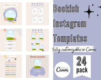 May include: A set of 24 customizable Instagram templates for book lovers. The templates feature a pastel color scheme with illustrations of books, clouds, and flowers. The text "Bookish Instagram Templates" is displayed in bold black font. The text "fully customizable in Canva" is displayed in black font. The text "24 pack" is displayed in black font with a white background. The text "Made in Canva" is displayed in black font with a white background.