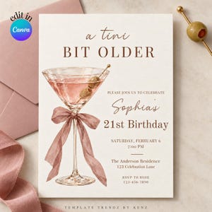 Bearbeitbare Einladungsvorlage: Aquarell-Martini in Rosa, Schleife in Altrosa, elfenbeinfarbener Hintergrund