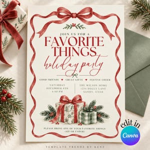 Può includere: Un invito per una festa natalizia color crema con bordo a nastro rosso, testo rosso e verde e illustrazioni di due pacchetti regalo con fiocchi e rametti di pino. Il testo recita Favorite Things Holiday Party.