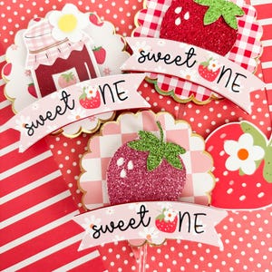 Strawberry Cupcake Toppers Strawberry Birthday Party Strawberry Party Berry First Birthday Party Strawberry Party Decorations Set of 12