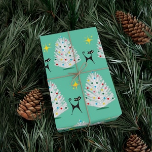 Retro Christmas Tree Gift Wrap, Atomic Cats, midcentury modern christmas, Vintage holiday wrapping paper, gift for MCM enthusiast