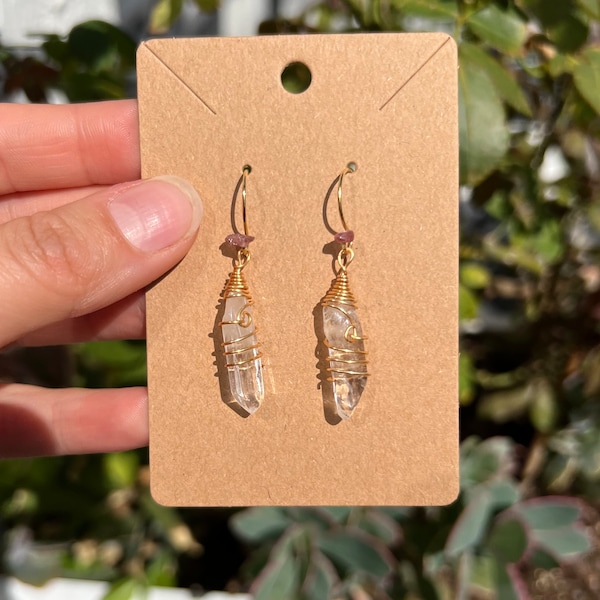 Gold Wire-Wrapped Clear Quartz Crystal Earrings with Pink Tourmaline