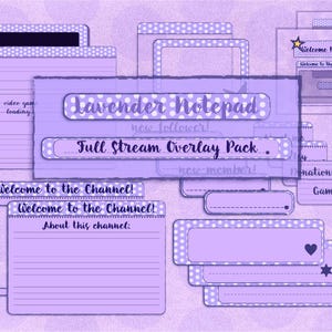 Könnte beinhalten: Ein digitales Stream-Overlay-Paket in Lavendel- und Violetttönen mit notizblockartigen Rahmen, Textfeldern und Zeitplanvorlagen. Die Elemente enthalten Beschriftungen wie Lavender Notepad, Full Stream Overlay Pack und Welcome to the Channel.