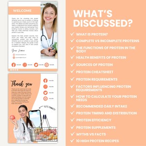 May include: A pink and white infographic with a checklist of topics discussed in a guide about protein. The topics include "What is Protein?", "Complete vs Incomplete Proteins", "The Functions of Protein in the Body", "Health Benefits of Protein", "Sources of Protein", "Protein Cheatsheet", "Protein Requirements", "Factors Influencing Protein Requirements", "How to Calculate Your Protein Needs", "Recommended Daily Intake", "Protein Timing and Distribution", "Protein Efficiency", "Protein Supplements", "Myths vs Facts", and "10 High Protein Recipes".