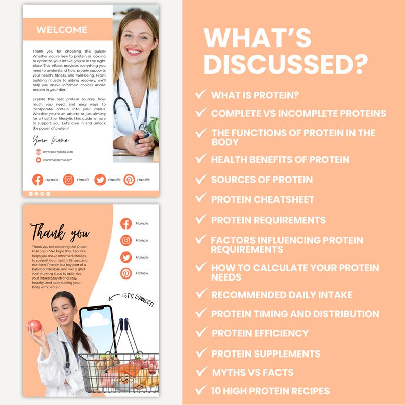 May include: A pink and white infographic with a checklist of topics discussed in a guide about protein. The topics include "What is Protein?", "Complete vs Incomplete Proteins", "The Functions of Protein in the Body", "Health Benefits of Protein", "Sources of Protein", "Protein Cheatsheet", "Protein Requirements", "Factors Influencing Protein Requirements", "How to Calculate Your Protein Needs", "Recommended Daily Intake", "Protein Timing and Distribution", "Protein Efficiency", "Protein Supplements", "Myths vs Facts", and "10 High Protein Recipes".