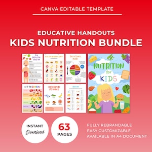 Plantilla editable de Canva para paquete de nutrición infantil, niños, educación, plato saludable, dieta, folletos, hoja de trabajo, ilustración de comida infantil