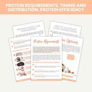 May include: A guide to protein requirements, timing, and distribution, with information on how to calculate your protein needs and factors influencing protein requirements. The guide includes illustrations of a dumbbell, a woman, a man, and a glass of milk.