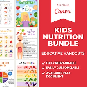 Pacchetto di nutrizione per bambini Modello Canva modificabile / Bambini / Istruzione / Piatto sano / Dieta / Opuscoli / Scheda di lavoro / Illustrazione di cibo per bambini