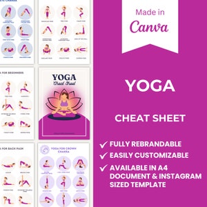 Yoga Cheat Sheet | Editable Canva Template | Yoga | Workout Routine | Mindfulness | Health Coach | Chakras | Flexibility | Wellness
