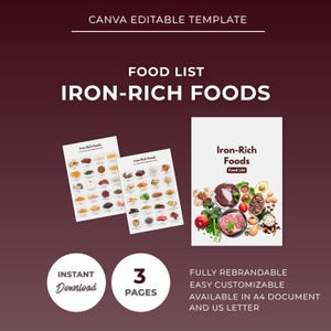 May include: A Canva editable template titled "Food List Iron-Rich Foods." The image features a cover and two pages with various iron-rich food illustrations. Additional text includes "Instant Download," "3 Pages," and details about customization and document availability.