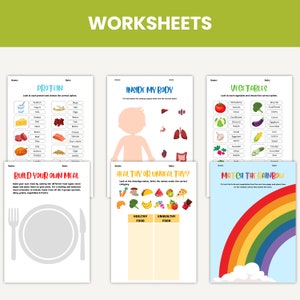 May include: A set of printable worksheets for kids about healthy eating. The worksheets include activities like matching foods to the correct food group, building a balanced meal, and identifying healthy and unhealthy foods. The worksheets are colorful and engaging, with illustrations of various foods.