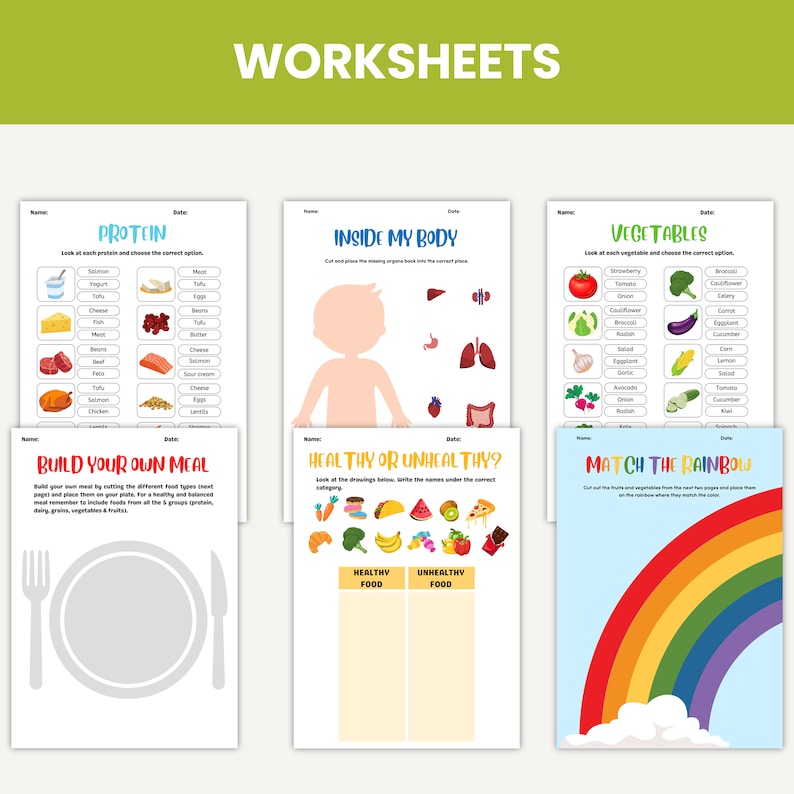May include: A set of printable worksheets for kids about healthy eating. The worksheets include activities like matching foods to the correct food group, building a balanced meal, and identifying healthy and unhealthy foods. The worksheets are colorful and engaging, with illustrations of various foods.