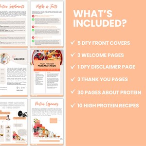 May include: A pink and white digital guide with a checklist of what's included. The checklist includes 5 DFY front covers, 3 welcome pages, 1 DFY disclaimer page, 3 thank you pages, 30 pages about protein, and 10 high protein recipes.